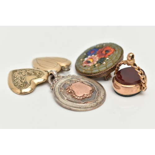 26 - A SMALL ASSORTMENT OF JEWELLERY, to include a 9ct gold swivel fob, set with carnelian and bloodstone... 