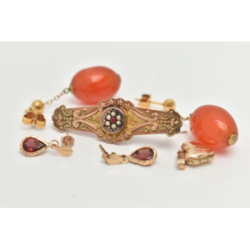 28 - A SMALL ASSORTMENT OF JEWELLERY, to include a late Victorian 9ct gold seed pearl and paste brooch, f... 