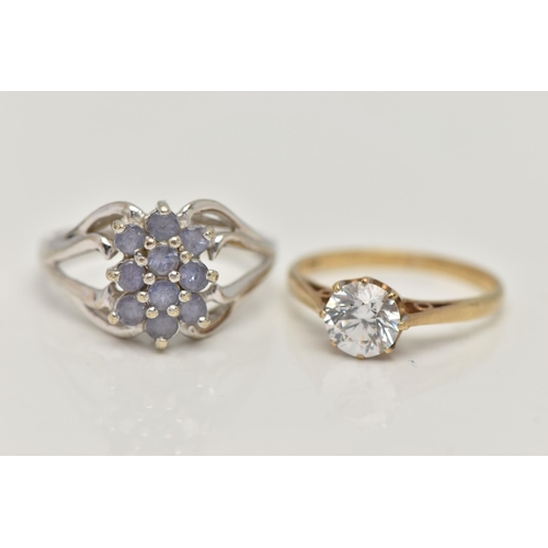 30 - TWO GEMSET RINGS, the first a cluster ring leading on to open work shoulders, hallmarked 9ct Birming... 