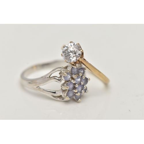 30 - TWO GEMSET RINGS, the first a cluster ring leading on to open work shoulders, hallmarked 9ct Birming... 