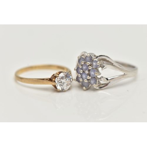 30 - TWO GEMSET RINGS, the first a cluster ring leading on to open work shoulders, hallmarked 9ct Birming... 