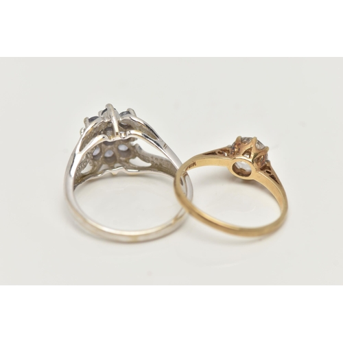 30 - TWO GEMSET RINGS, the first a cluster ring leading on to open work shoulders, hallmarked 9ct Birming... 