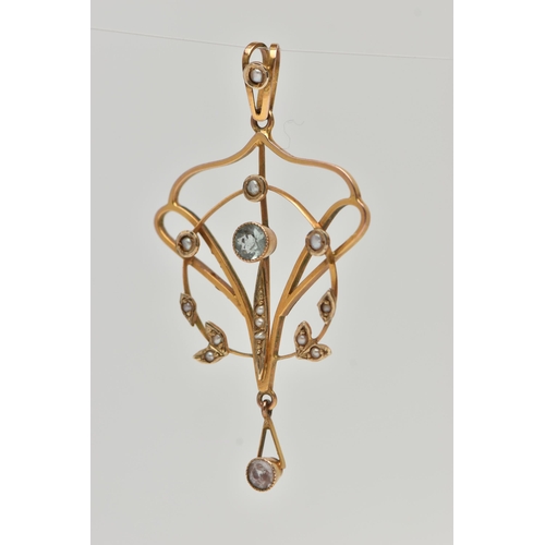 31 - AN EARLY 20TH CENTURY LAVALIER PENDANT, seed pearls and aquamarine set in an open work art nouveau s... 