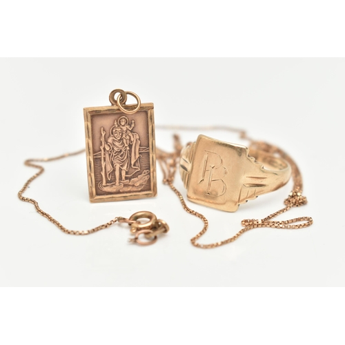 4 - A 9CT GOLD SIGNET RING AND A 9CT GOLD NECKLACE, a rectangular form signet with monogram engraving, h... 