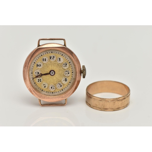 41 - A 9CT YELLOW GOLD RING AND A 1920S 9CT YELLOW GOLD WATCH HEAD (AF), the ring designed as a plain pol... 