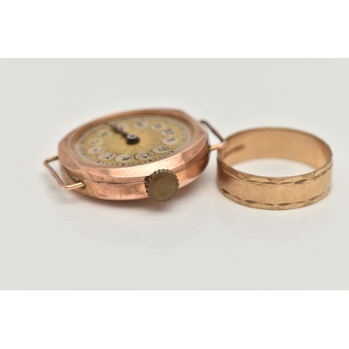 41 - A 9CT YELLOW GOLD RING AND A 1920S 9CT YELLOW GOLD WATCH HEAD (AF), the ring designed as a plain pol... 