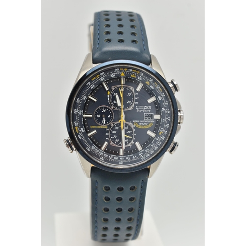 47 - A GENTS 'CITIZEN ECO-DRIVE' CHRONOGRAPH WRISTWATCH, blue dial signed 'Citizen Eco-Drive, Radio Contr... 