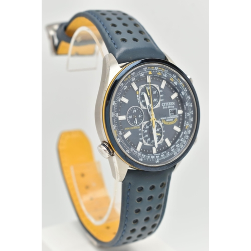 47 - A GENTS 'CITIZEN ECO-DRIVE' CHRONOGRAPH WRISTWATCH, blue dial signed 'Citizen Eco-Drive, Radio Contr... 