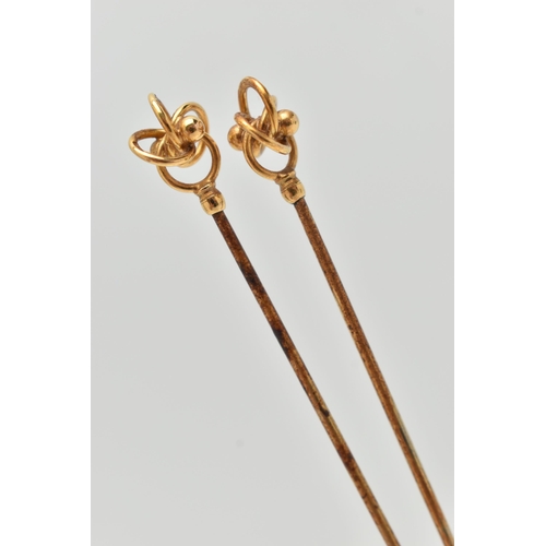 48 - A PAIR OF EARLY 20TH CENTURY, 9CT GOLD 'CHARLES HORNER' HAT PINS, open work design set with a bead c... 