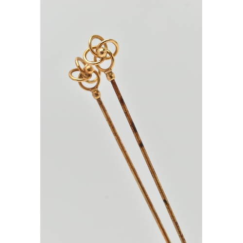 48 - A PAIR OF EARLY 20TH CENTURY, 9CT GOLD 'CHARLES HORNER' HAT PINS, open work design set with a bead c... 