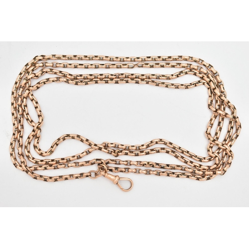 53 - A YELLOW METAL LONGUARD CHAIN, two chains of elongated belcher links fitted together with a single l... 