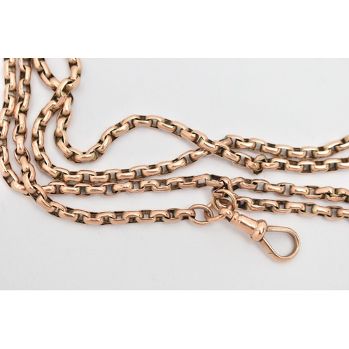 53 - A YELLOW METAL LONGUARD CHAIN, two chains of elongated belcher links fitted together with a single l... 