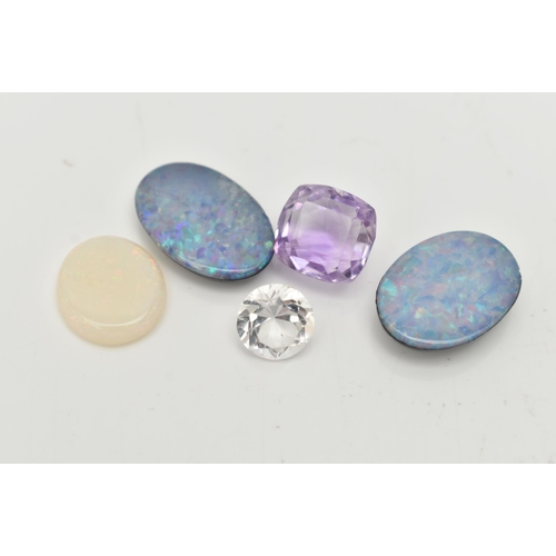 55 - A SMALL ASSORTMENT OF GEMSTONES, five stones in total, to include two opal triplets, a white opal ov... 