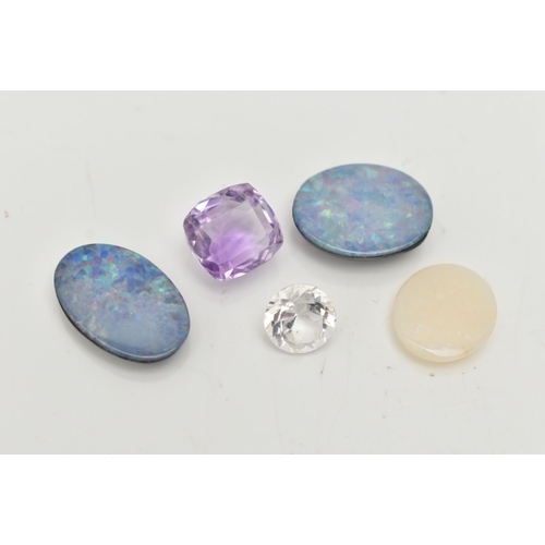 55 - A SMALL ASSORTMENT OF GEMSTONES, five stones in total, to include two opal triplets, a white opal ov... 