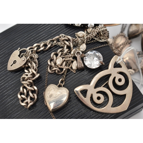 57 - A SMALL ASSORTMENT OF JEWELLERY, to include a selection of silver and white metal bracelets and neck... 