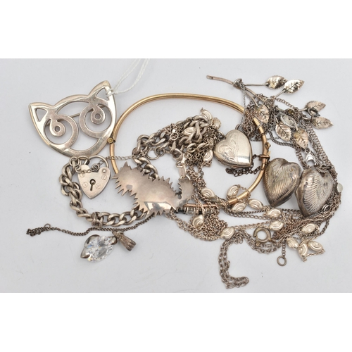 57 - A SMALL ASSORTMENT OF JEWELLERY, to include a selection of silver and white metal bracelets and neck... 