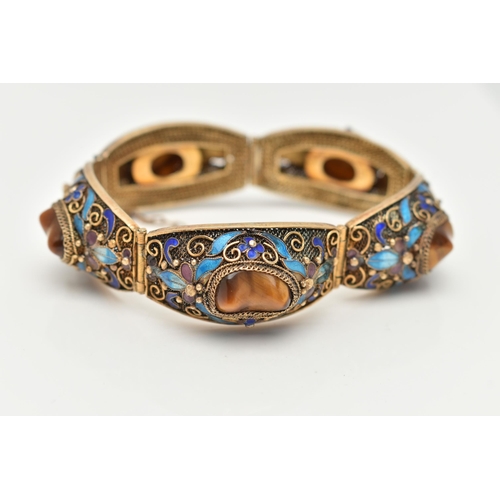 58 - A GEMSET BRACELET, comprised of five domed panels with filigree and enamel detail, each panel set wi... 