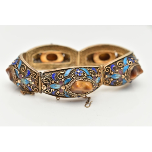 58 - A GEMSET BRACELET, comprised of five domed panels with filigree and enamel detail, each panel set wi... 