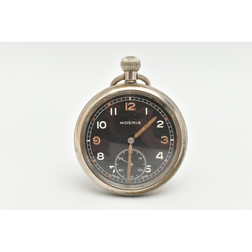 63 - A MILITARY 'MOERIS' OPEN FACE POCKET WATCH, manual wind, round black dial signed 'Moeris', Arabic nu... 