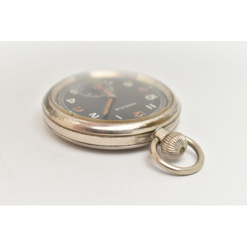 63 - A MILITARY 'MOERIS' OPEN FACE POCKET WATCH, manual wind, round black dial signed 'Moeris', Arabic nu... 