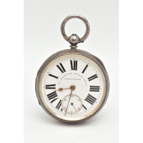 64 - A LATE VICTORIAN SILVER OPEN FACE POCKET WATCH, key wound, round white dial signed 'D.I.MARCUSON BRO... 