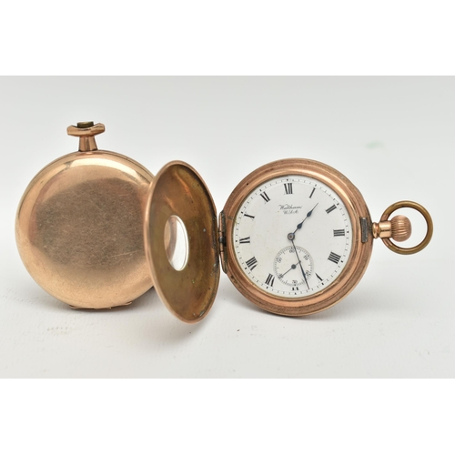 65 - TWO GOLD PLATED POCKET WATCHES, the first a manual wind 'Waltham U.S.A' half hunter pocket watch, in... 