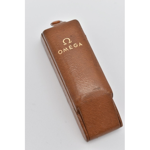 68 - AN 'OMEGA' WATCH BOX, brown leather hinged box signed 'Omega', button clasp, with cushion interior