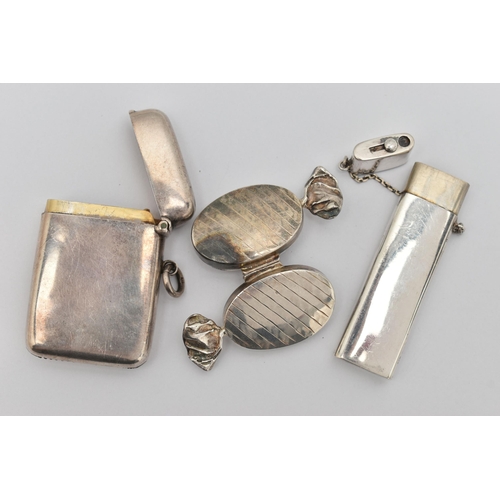 70 - A SILVER VESTA CASE, A NEEDLE CASE AND A PILL BOX, polished rectangular vesta case with engraved ini... 