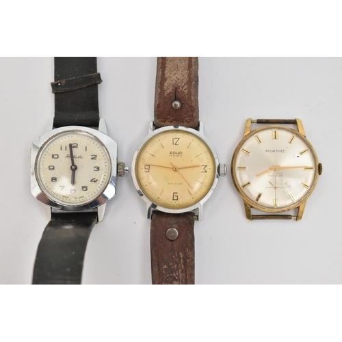 72 - THREE WRISTWACTHES, to include a gold plated, manual wind 'Montine' watch head, a 'Polan' manual win... 