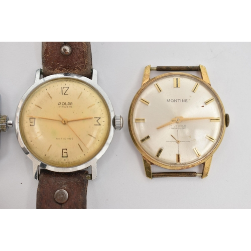 72 - THREE WRISTWACTHES, to include a gold plated, manual wind 'Montine' watch head, a 'Polan' manual win... 