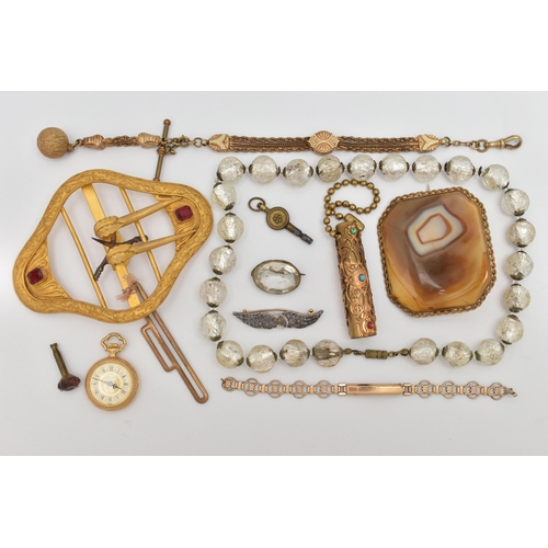 75 - A BAG OF ASSORTED ITEMS, to include a yellow and white metal sweetheart brooch in the form of a carv... 