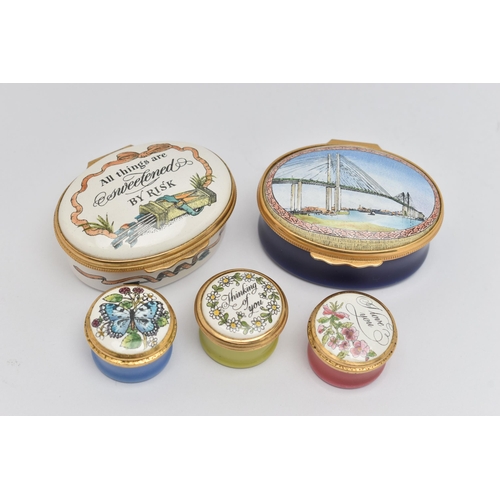 76 - FIVE 'HALYCYON DAYS' TRINKET BOXES, two oval boxes and three small circular pill boxes two signed to... 