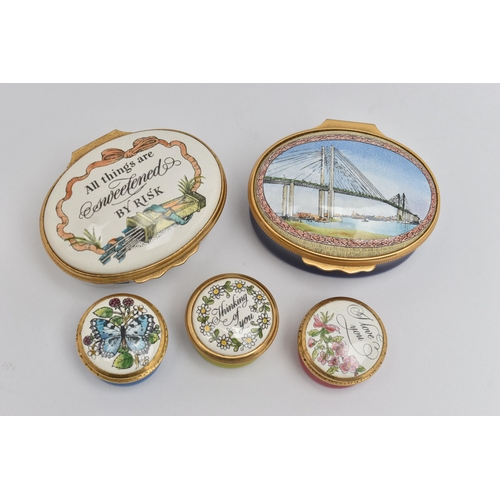 76 - FIVE 'HALYCYON DAYS' TRINKET BOXES, two oval boxes and three small circular pill boxes two signed to... 