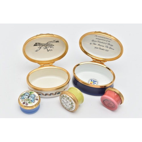 76 - FIVE 'HALYCYON DAYS' TRINKET BOXES, two oval boxes and three small circular pill boxes two signed to... 