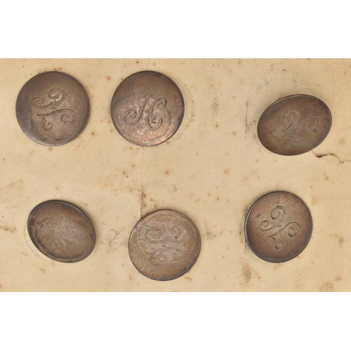 77 - A SET OF SIX GEORGIAN SILVER WAISTCOAT BUTTONS, each of a circular form, engraved initial 'H', marke... 