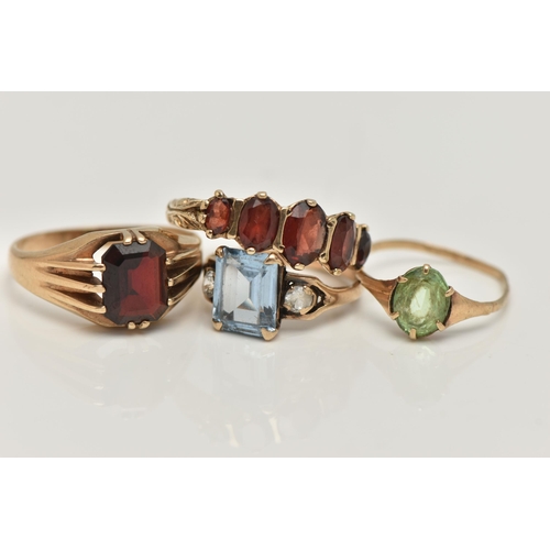 8 - FOUR GEM SET RINGS, the first a five stone oval cut garnet ring, prong set in yellow gold, hallmarke... 