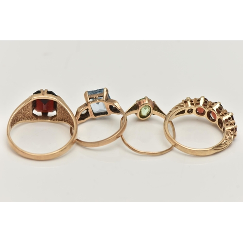 8 - FOUR GEM SET RINGS, the first a five stone oval cut garnet ring, prong set in yellow gold, hallmarke... 