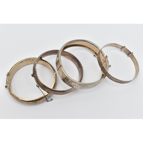 80 - FOUR BANGLES, to include two silver foliage pattern hinged bangles, both fitted with push button cla... 