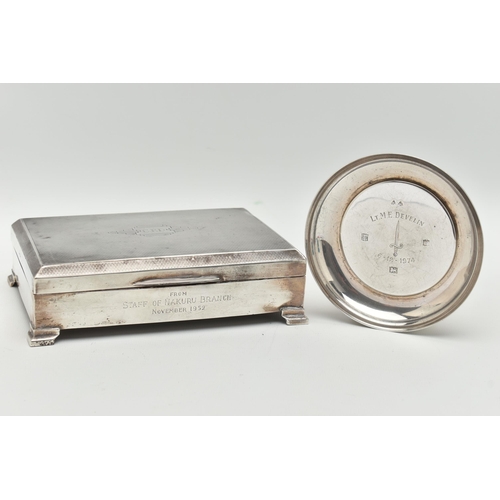 100 - A SILVER CIGARETTE BOX AND ASHTRAY, rectangular engine turned pattern cigarette box with engraved in... 