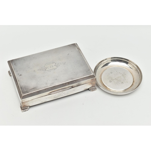 100 - A SILVER CIGARETTE BOX AND ASHTRAY, rectangular engine turned pattern cigarette box with engraved in... 