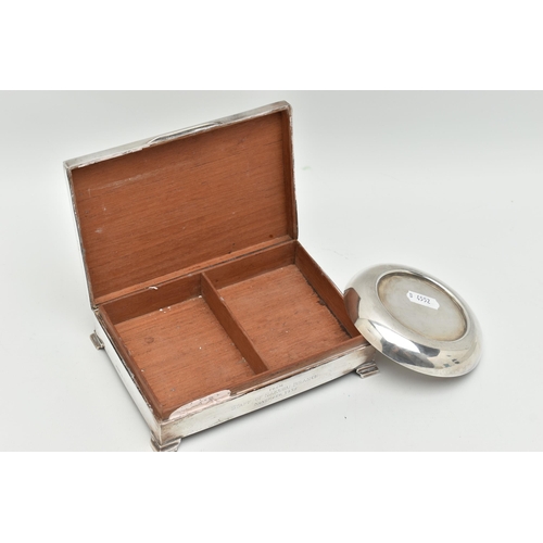 100 - A SILVER CIGARETTE BOX AND ASHTRAY, rectangular engine turned pattern cigarette box with engraved in... 