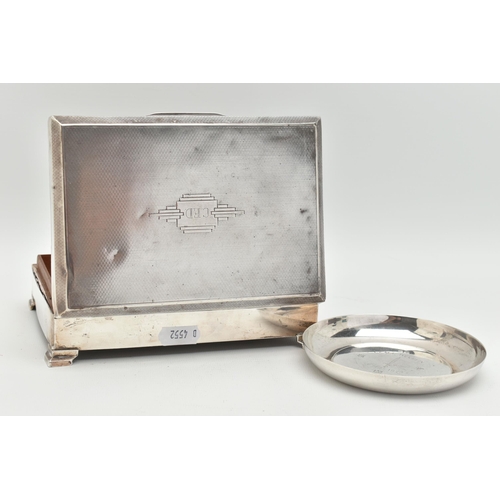 100 - A SILVER CIGARETTE BOX AND ASHTRAY, rectangular engine turned pattern cigarette box with engraved in... 