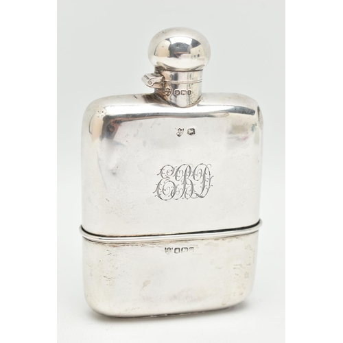 102 - A GEORGE V SILVER HIP FLASK, polished design with engraved monogram, removable cup to the base with ... 