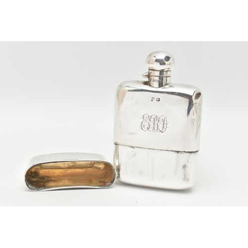 102 - A GEORGE V SILVER HIP FLASK, polished design with engraved monogram, removable cup to the base with ... 