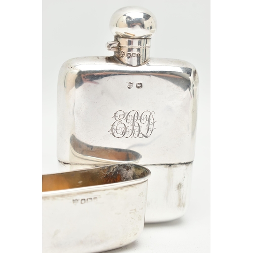 102 - A GEORGE V SILVER HIP FLASK, polished design with engraved monogram, removable cup to the base with ... 