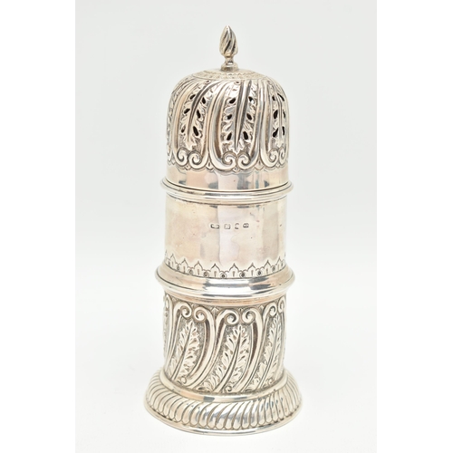 103 - A LATE VICTORIAN SILVER SUGAR CASTER, cylindrical form with embossed foliate and scroll pattern, pie... 