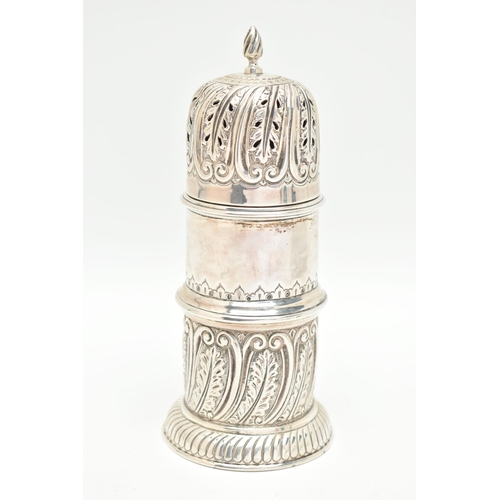 103 - A LATE VICTORIAN SILVER SUGAR CASTER, cylindrical form with embossed foliate and scroll pattern, pie... 