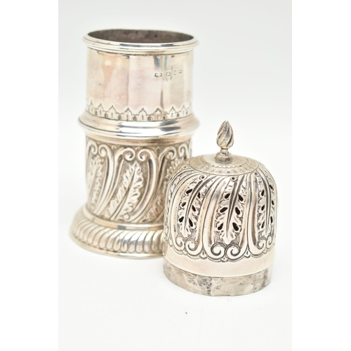 103 - A LATE VICTORIAN SILVER SUGAR CASTER, cylindrical form with embossed foliate and scroll pattern, pie... 