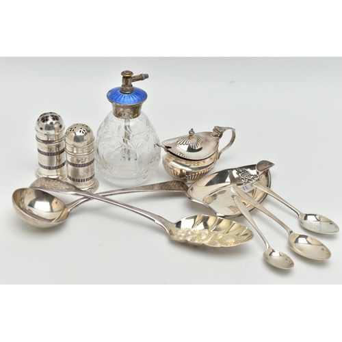 106 - A SELECTION OF ITEMS, to include a mustard with blue glass liner, hallmarked Birmingham, an Old Engl... 