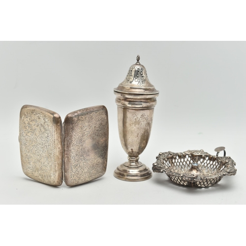 107 - THREE ITEMS OF SILVER, to include a silver cigarette case, engraved foliage pattern with vacant cart... 